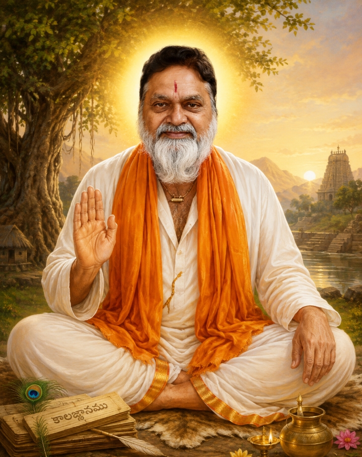Brahmasri Yerroju Srinivasa Rao garu, seated, hand raised in blessing